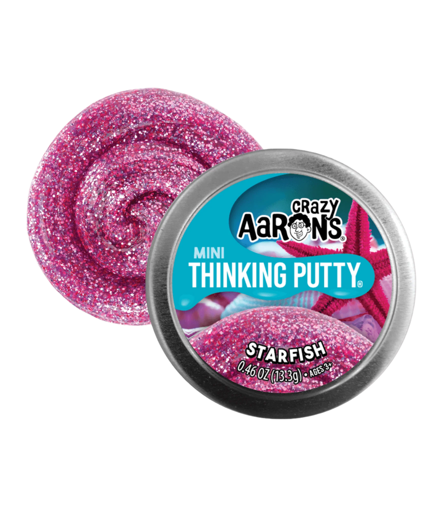 Crazy Aarons Thinking Putty Starfish: A mini tin featuring a shimmering light pink and purple putty, inspired by the beauty of salty sea stars.
