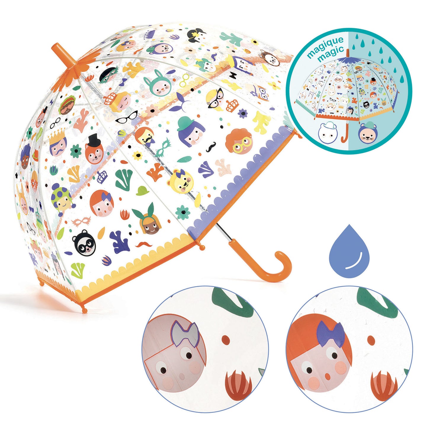 Magical color-changing faces on this umbrella bring joy and excitement to every rainy day. Perfect for curious minds and wet weather!