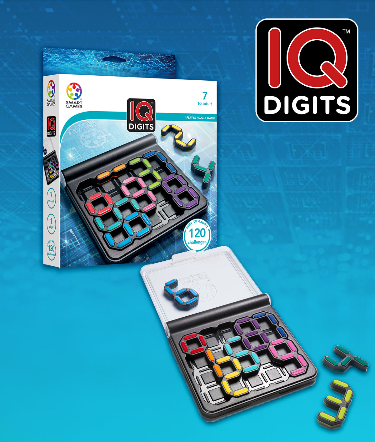 Smart Games IQ Digits is a compact, brain-teasing puzzle game with 120 challenges to test your logic and number skills on the go!