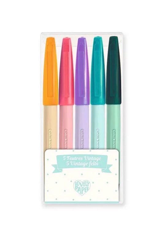 Set of 5 retro-style felt-tip pens with vibrant, vintage-inspired colors—perfect for creative drawing and coloring fun.