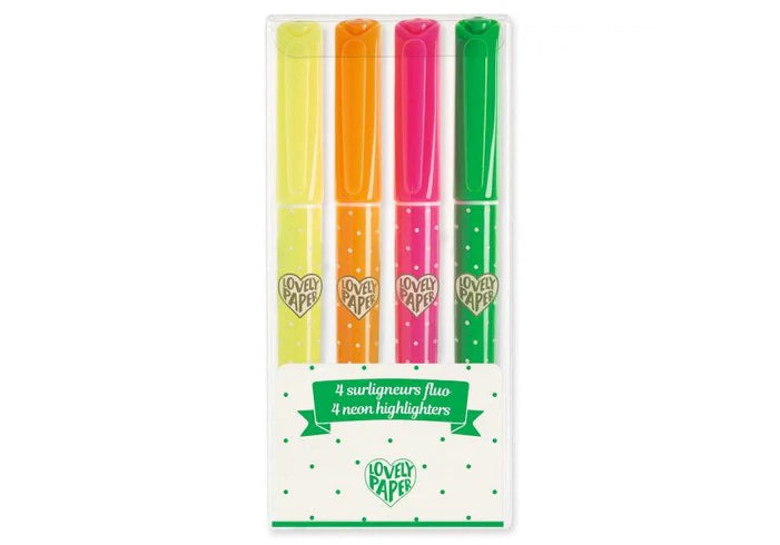 Pack of 4 neon highlighters with bright, eye-catching colors—perfect for marking, organizing, and adding flair to any page.