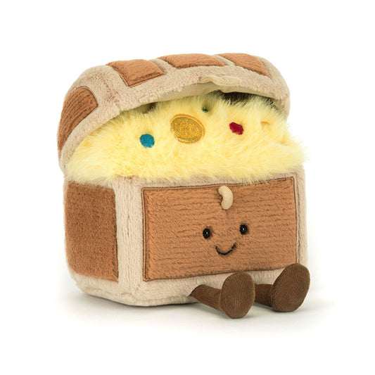 A cheerful cuddly chest with fuzzy gold inside, stitched details, and a friendly face—ready to guard snuggles, not treasure.