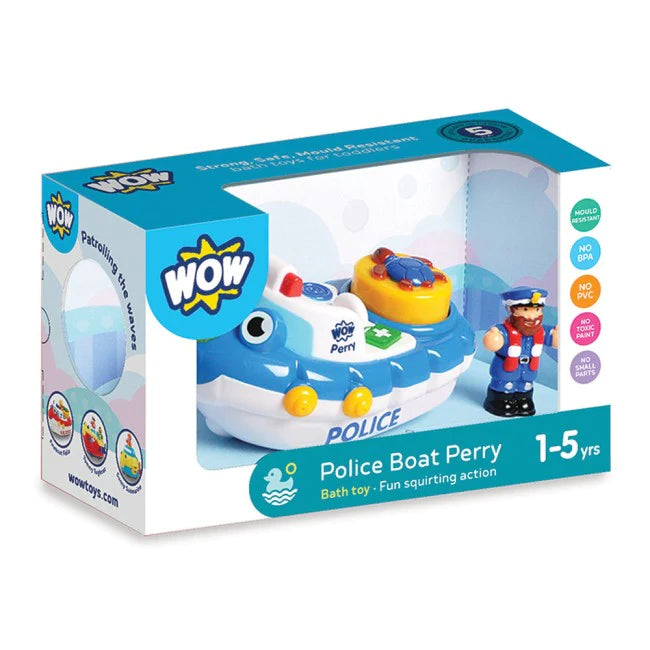 Rescue-ready Police Boat Perry floats in water, lights up bathtime fun, and sparks imaginations with no batteries needed!