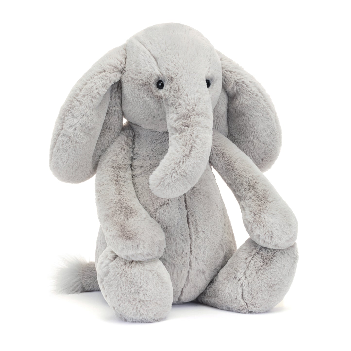 "Jellycat Bashful Luxe Elephant Thaddeus in huge size – a super-soft plush elephant in luxurious silvery-grey fur, with large floppy ears, sparkly eyes, and a cuddly appearance."