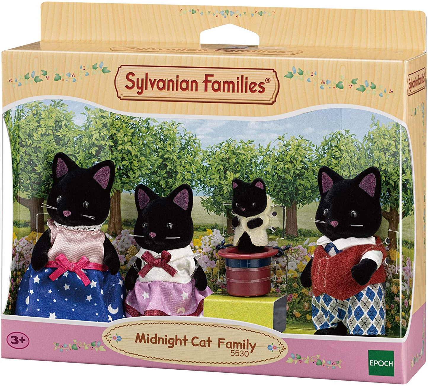 A sleek feline family dressed in dapper threads, bringing quiet elegance, gentle mischief, and twilight charm to every playtime tale.