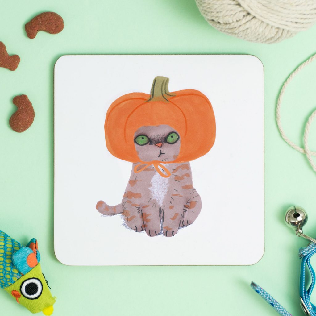 Jo Clark Design Cat in Pumpkin Hat Coaster