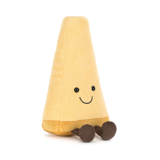 This plush parmesan wedge offers a delightful, fluffy texture paired with a whimsical smile, making it a perfect cozy companion.