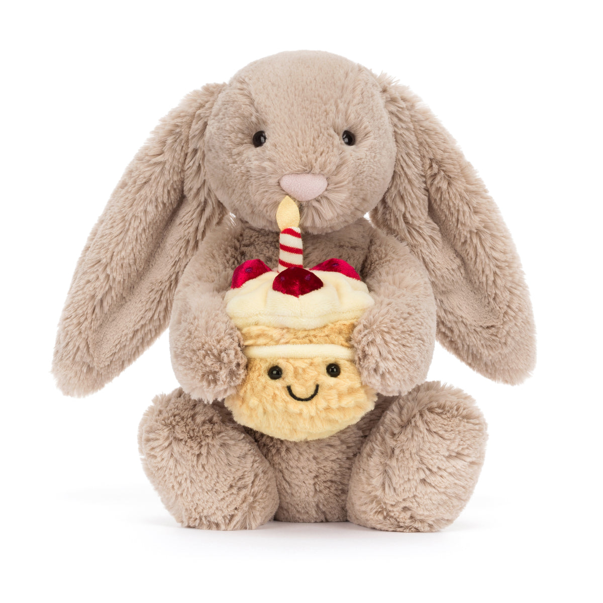 Jellycat Bashful Beige Bunny 'Birthday' is a charming bunny with a festive hat, perfect for celebrating and gifting on birthdays.