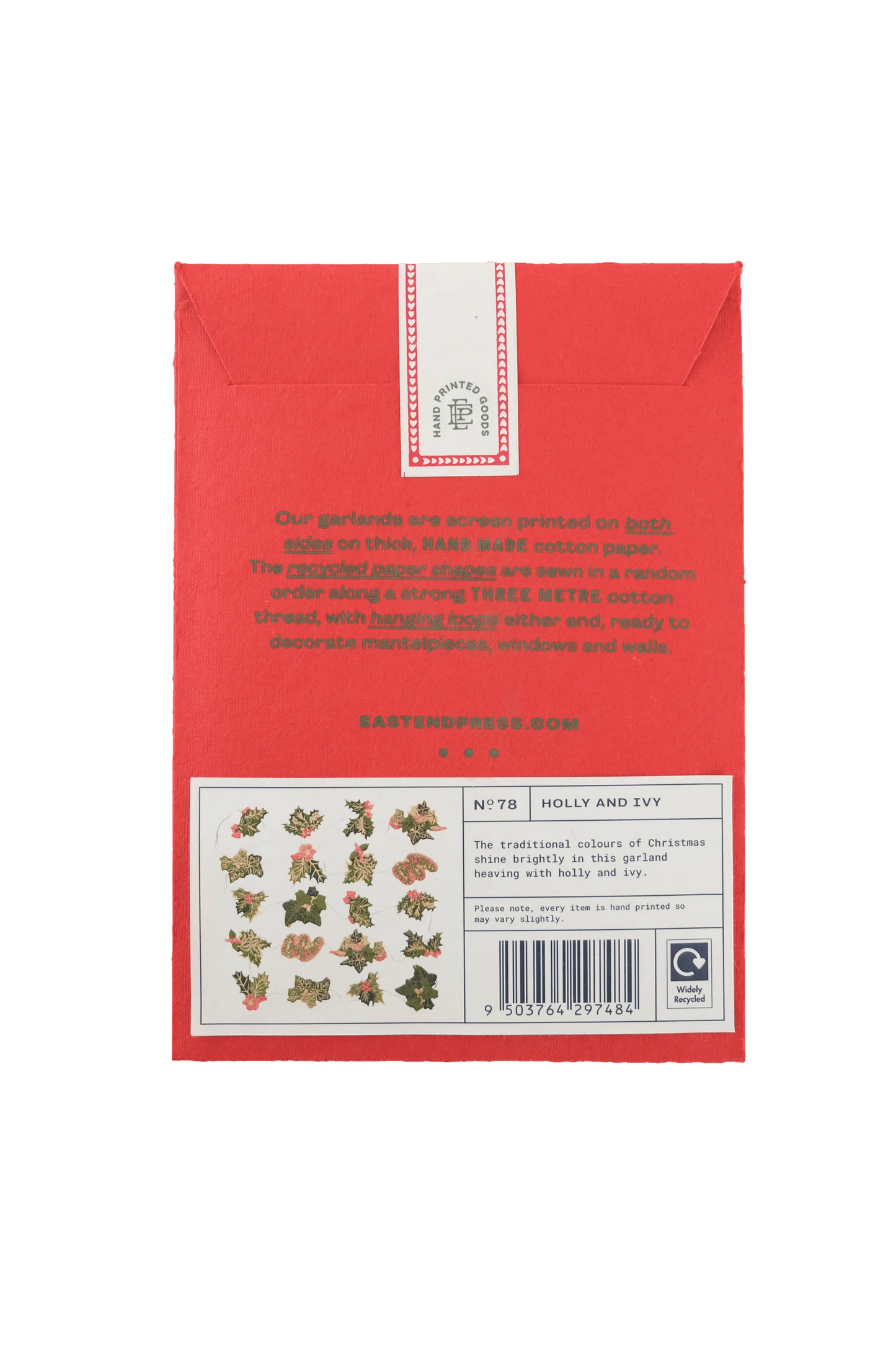 East End Press Holly and Ivy Sewn Garland