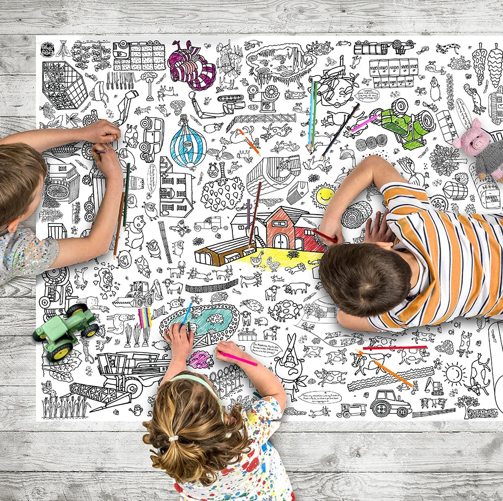Eggnogg Colour-in Farm tablecloth featuring fun farmyard scenes for kids to colour, play, and get creative with. 